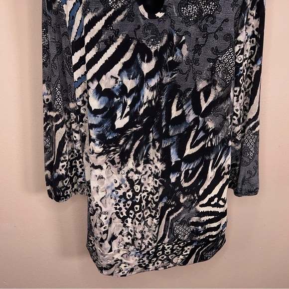 XL VINTAGE 90s PERSEPTION LEOPARD ANIMAL PRINT BLOUSE TOP STRETCH BLUE BLACK - Picture 7 of 9